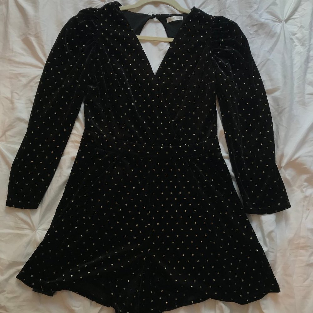 Black Long Sleeve Romper with Gold Poka Dots